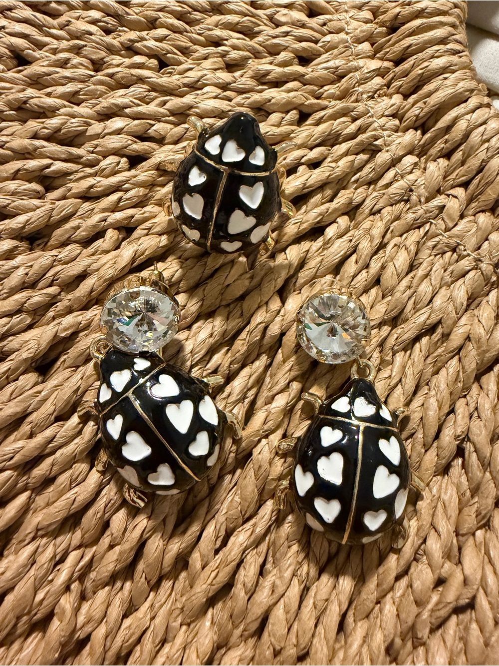 Black and White Heart Beetle Drop Earrings and Ring Set